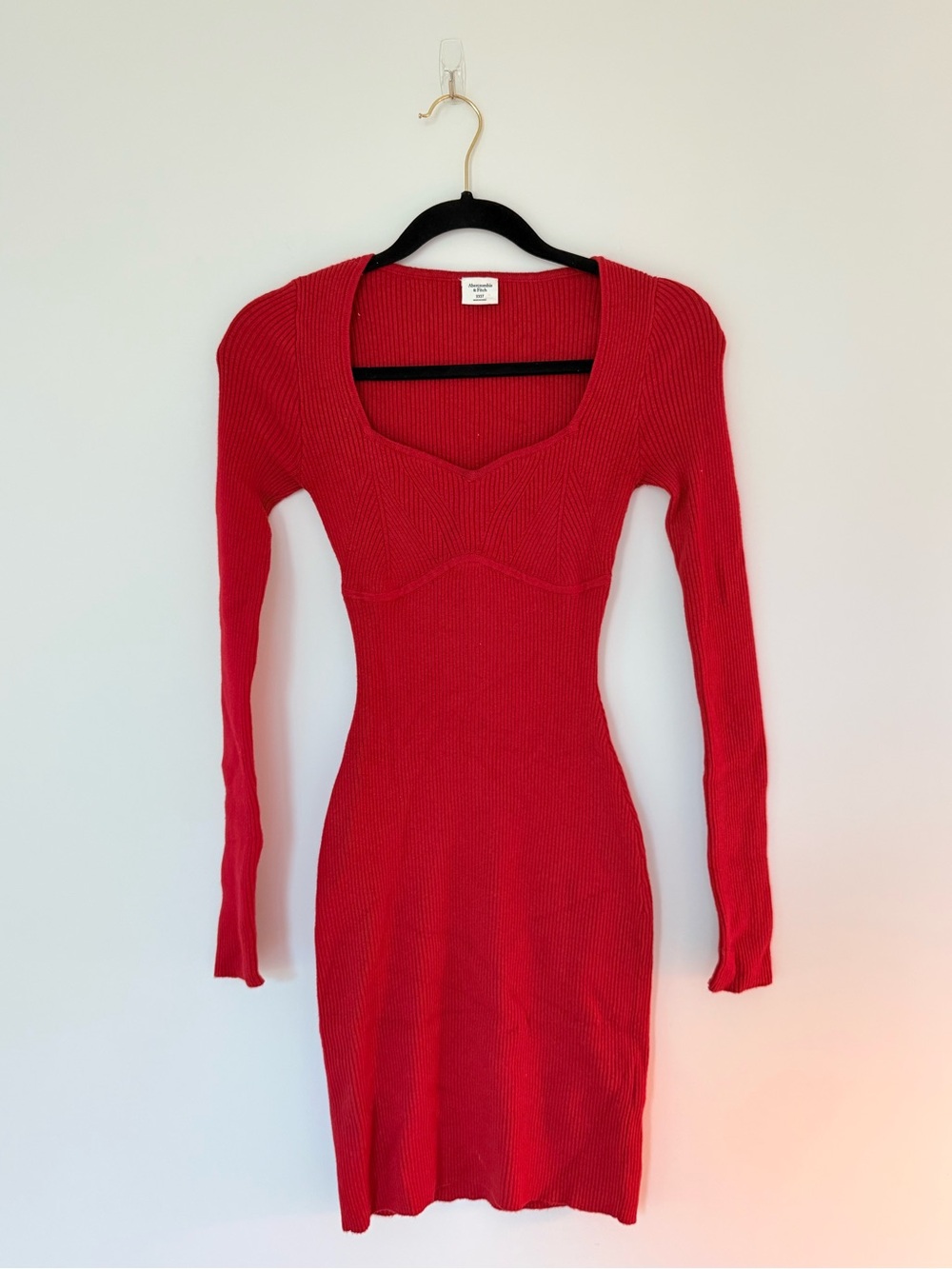 Abercrombie & Fitch Red Ribbed Long-Sleeve Sweetheart Neckline Mini SweaterDress